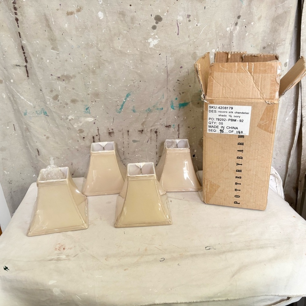 Pottery Barn Set of Four Chandelier Shades, Square Silk Ivory